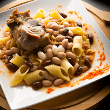 Un delizioso piatto di pasta e fagioli tradizionale, arricchito con stinco di maiale e condito con un tocco speciale di olio al tartufo. Questa zuppa ricca e saporita, con il suo mix di ingredienti autentici, è migliorata dal riposo e perfetta da preparare in anticipo. Buon appetito!