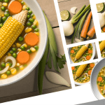 Preparate una deliziosa minestra di mais e verdure con peperoncino per un tocco piccante. Una combinazione di mais, zucchine e funghi coltivati in brodo di pollo, arricchita con fiori di zucchine. Guarnite con crostini dorati all'aglio o popcorn salato per un tocco croccante.