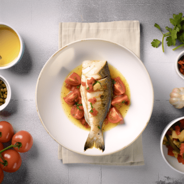 Un piatto mediterraneo di baccalà ai pomodori, peperoni, patate e spezie, cotto al forno per una crosticina dorata. Perfetto per una cena ricca di sapori del Mediterraneo.