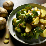 Baked broccoli and potatoes gratin with Emmenthal cheese and crispy pancetta, a delicious and easy-to-prepare side dish. A colorful and tasty dish perfect for enhancing any meal.
